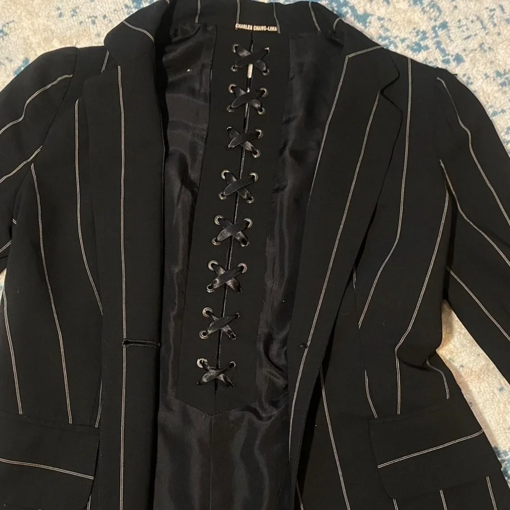 Charles Chang Lima Rare Goth Style Wool Blazer Shoelace Back Silk Lining Size 8